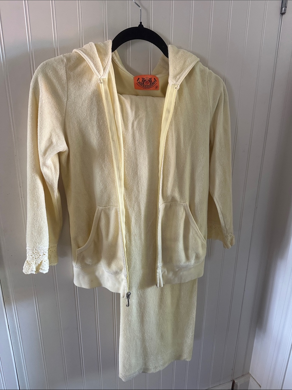 Juicy Couture Butter Yellow Hooded Jacket with Lace Trim - vintage made in USA